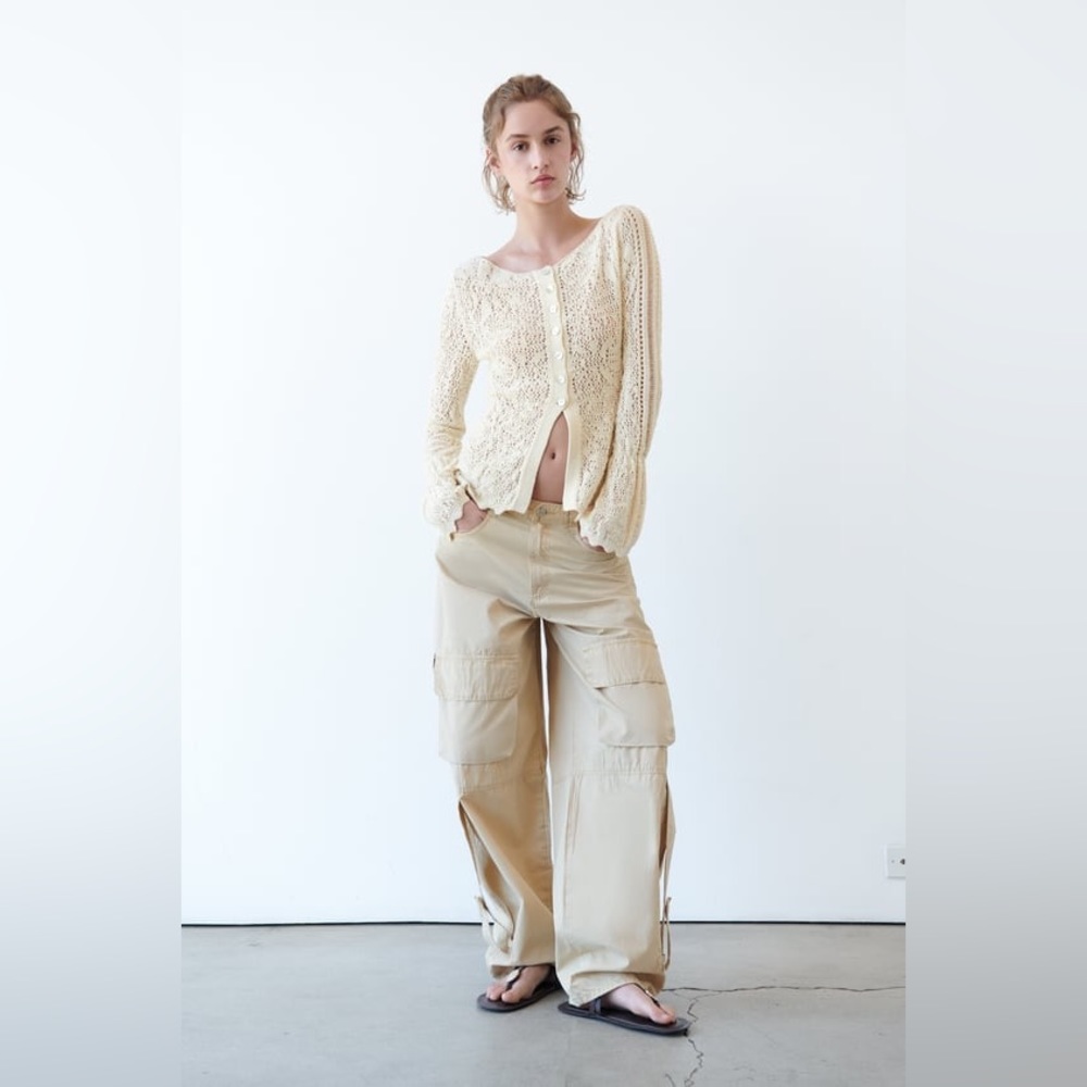 NWT Zara Pintelle Knit Jacket In Light Beige Size S